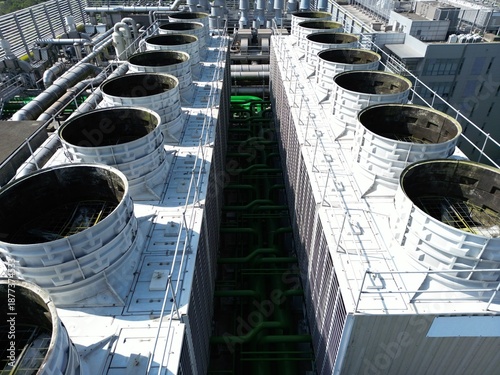 Aerial view of cooling towers for AI data center servers.