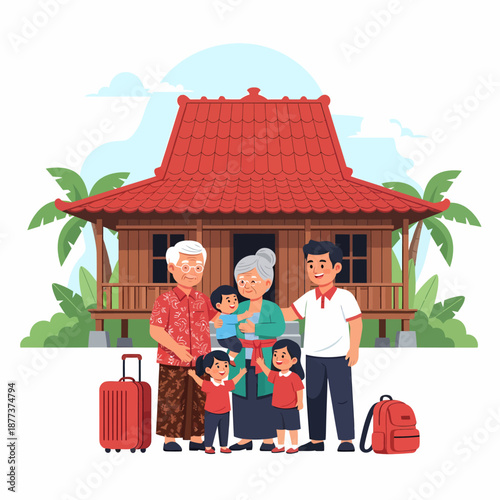 Family Standing Together with Luggage Outside House.