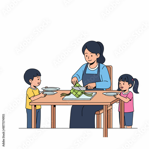Mother and Children Preparing Meal Together.