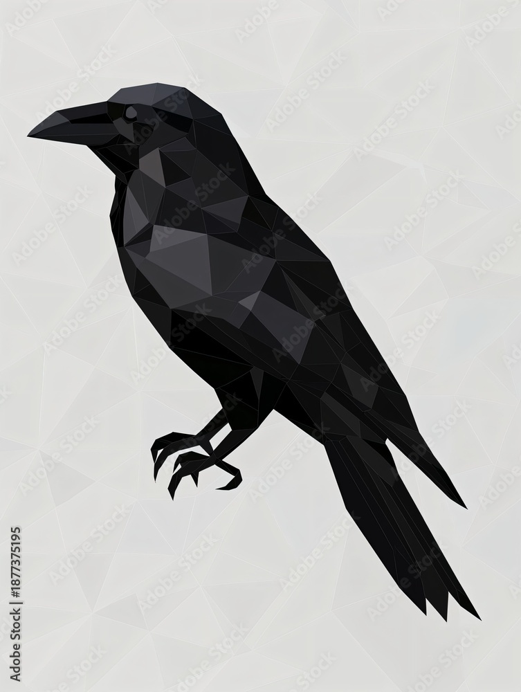 Obraz premium Black Polygonal Raven in Low-Poly Style on Gray Background