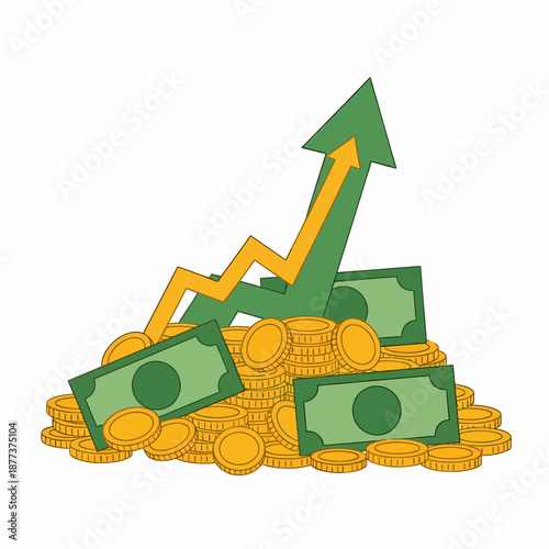 A pile of gold coins and US dollar bills with a green upward trending arrow indicating financial growth and profit.