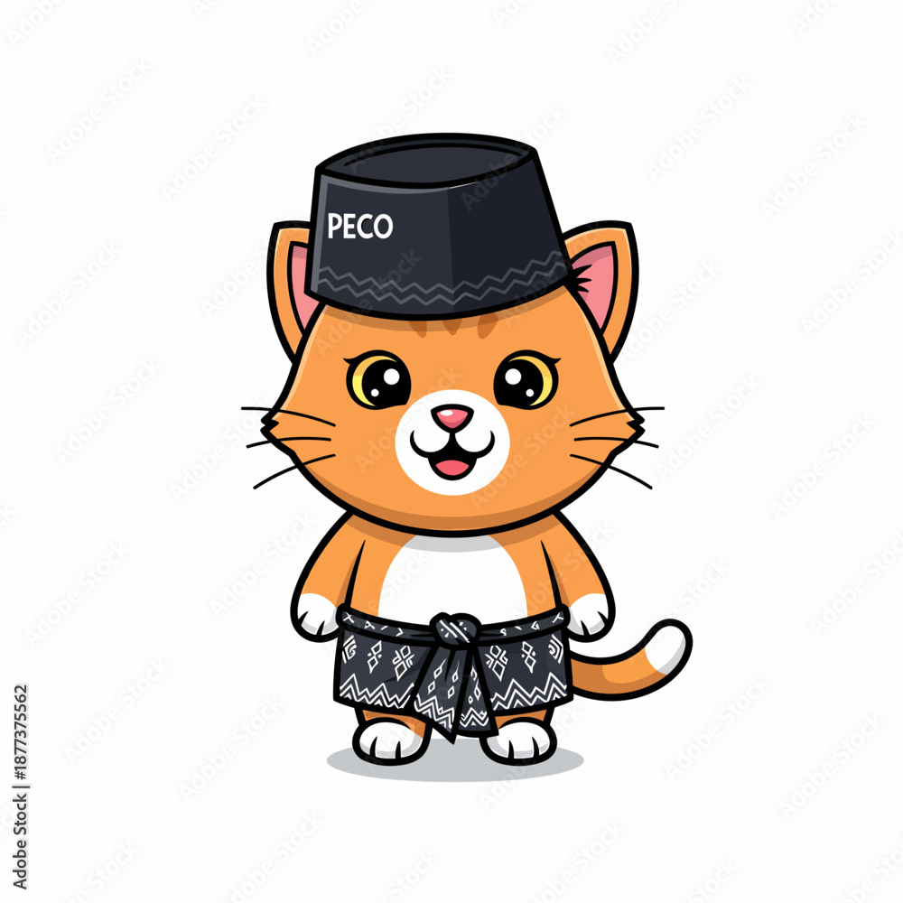 Obraz premium Cartoon Cat Wearing Traditional Hat and Clothes.