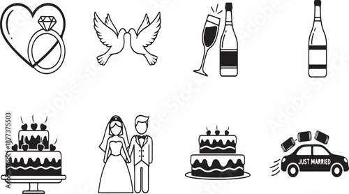 A collection of wedding icons and symbols on a white background