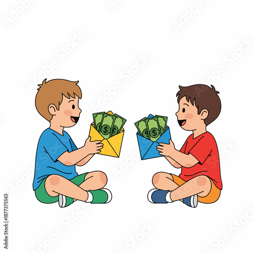 Two Boys Holding Envelopes Full Cash.
