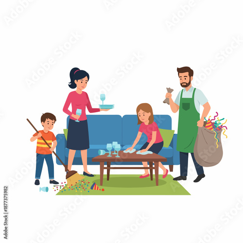 Family Members Cleaning Together at Home.