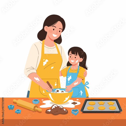 Mother and Daughter Baking Together in Kitchen.