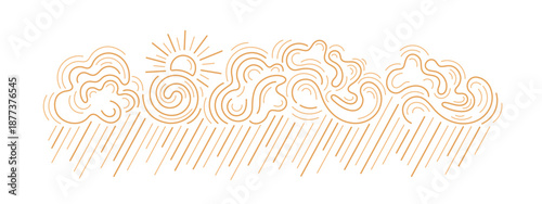 Single line drawing of cloud with rain, sun rays