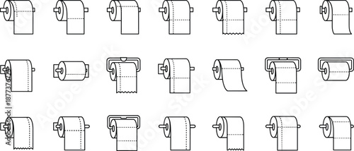 Set of toilet paper roll icons in clean line art style featuring various orientations, holders, sheets, and bathroom essentials