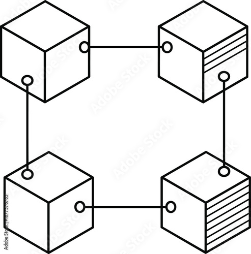 Simple blockchain network illustration showing connected data blocks in clean geometric line art style for technology and digital concepts