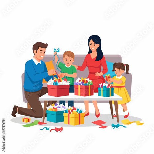 Family Unwrapping Gifts Together on Sofa.