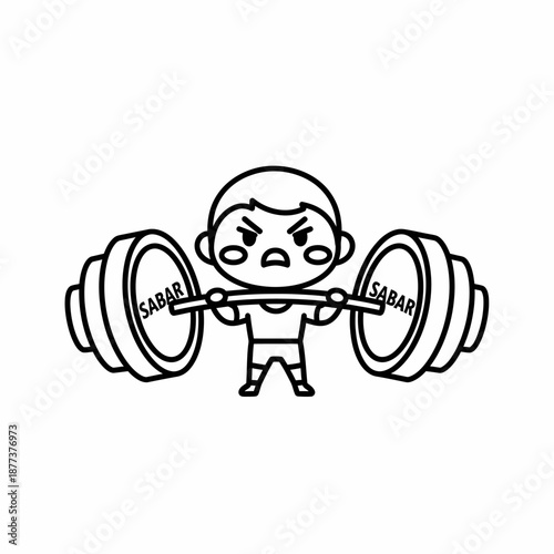 Cartoon Man Lifting Heavy Barbell Weights.