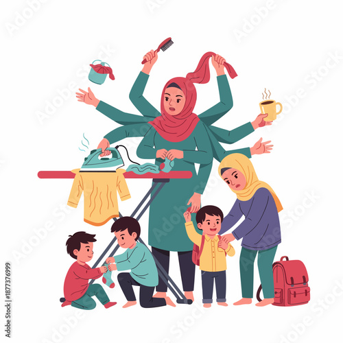 Busy Mother with Multiple Tasks and Children.