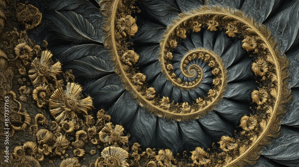 Obraz premium Intricate Spiral Pattern with Gold and Dark Leaf Design