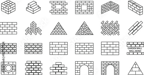 Collection of brick wall line art icons featuring various masonry patterns, structures, arches, blocks, and construction elements in vector style