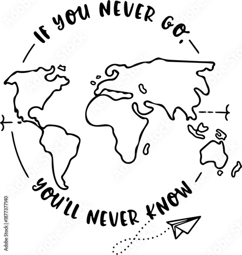 Explore the world and discover new horizons with this inspiring travel quote featuring a map and paper airplane