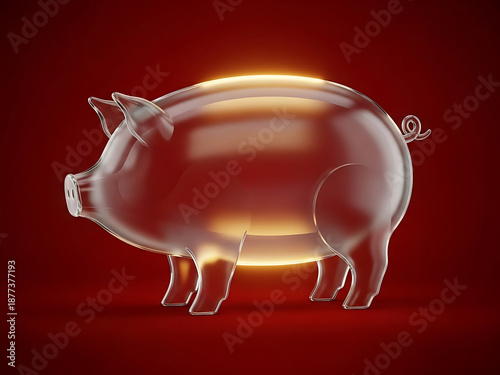 A radiant, transparent chinese new year pig glowing against a rich red background, symbolizing prosperity and good fortune for the upcoming year.