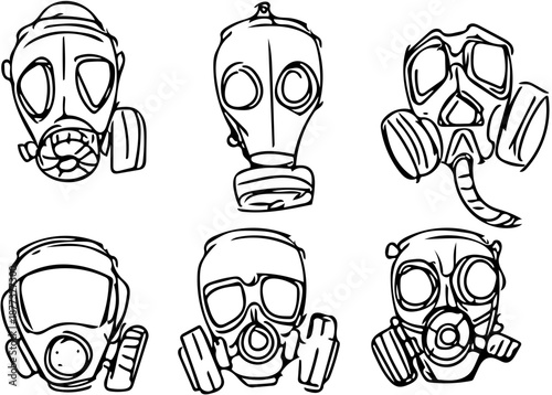 Collection of diverse gas mask illustrations representing protection and safety in various styles and designs