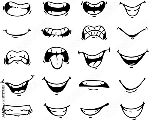Diverse Cartoon Mouth Expressions Set for Graphic Design and Animation Projects, Depicting Various Human Emotions and Vocalizations in a Comic Style