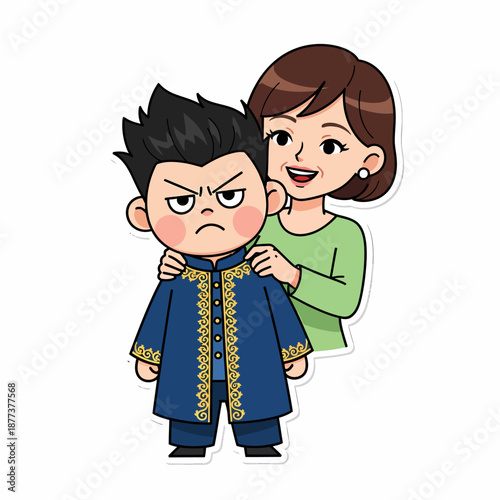 Cartoon Mother Adjusting Sons Traditional Outfit.
