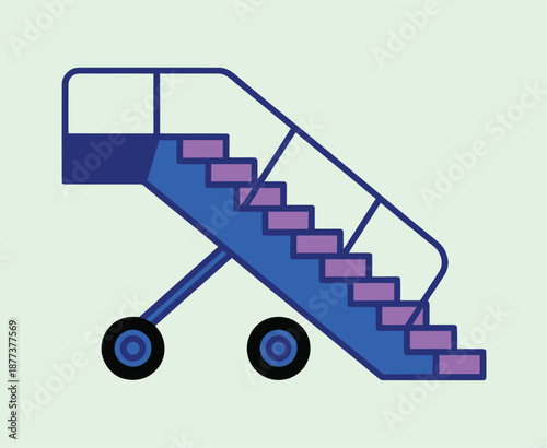 A portable blue and purple airplane boarding stair ladder with wheels and handrails for passenger access