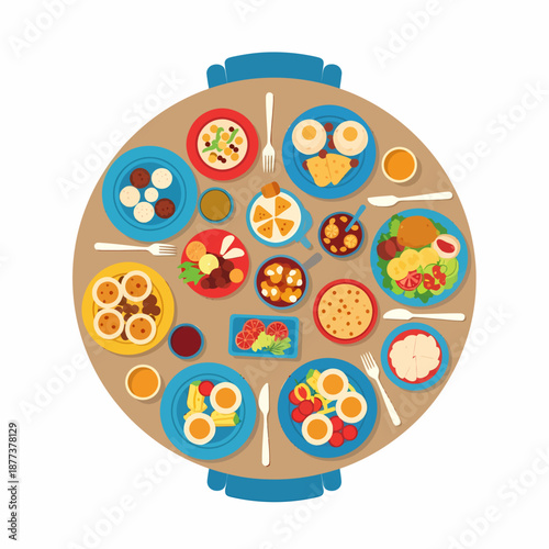 Breakfast Food on Round Table Illustration.