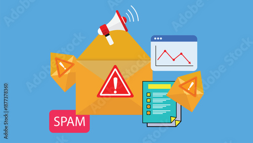 Email Marketing Mistakes Concept Illustration with Warning Icons, Spam Label, and Declining Performance Analytics