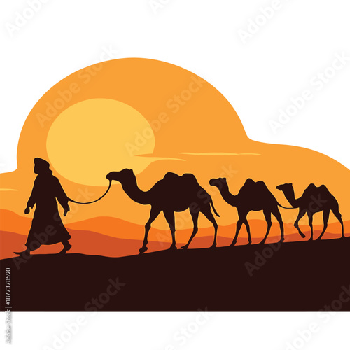 Print  Moroccan Desert Camel Caravan at Sunset – Sahara Landscape Vector Illustration isolated white background
