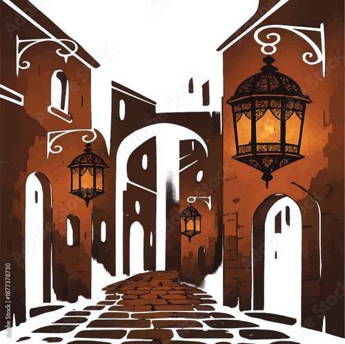 Print  Moroccan Lantern-Lit Street at Night – Traditional Market Vector Illustration isolated white background