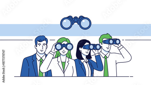 Team looking through binoculars, searching for opportunities, business vision concept