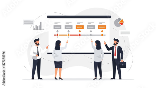 Business Team Presenting Project Plan on Whiteboard with Timeline