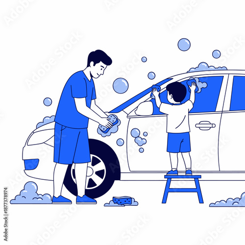 Father and Son Washing Car Together.