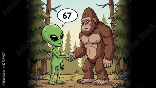 Cartoon Alien and Bigfoot Shaking Hands in a Forest, with a Speech Bubble Saying "67", Depicting Cryptid and Extraterrestrial Encounter