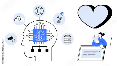 Artificial intelligence, healthcare, machine learning, automation, data processing, human connection. Illustration of AI, brain elements icons and a person using a tablet. Artificial intelligence