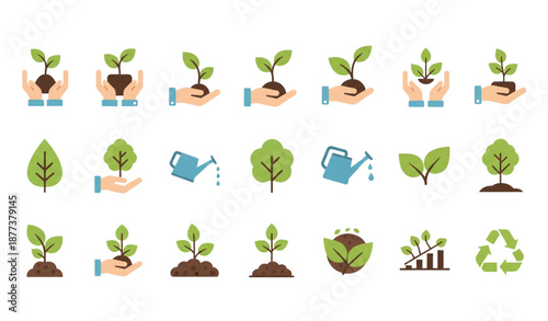 Gardening and plant care flat vector icon set isolated on transparent background