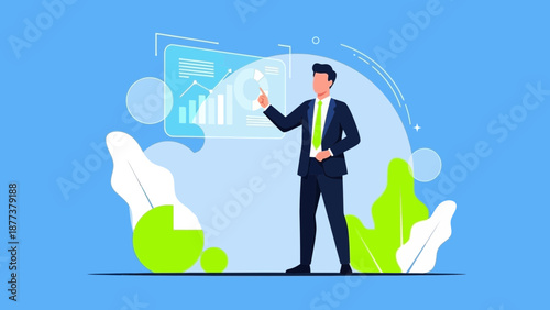 Businessman analyzing financial data on futuristic digital interface