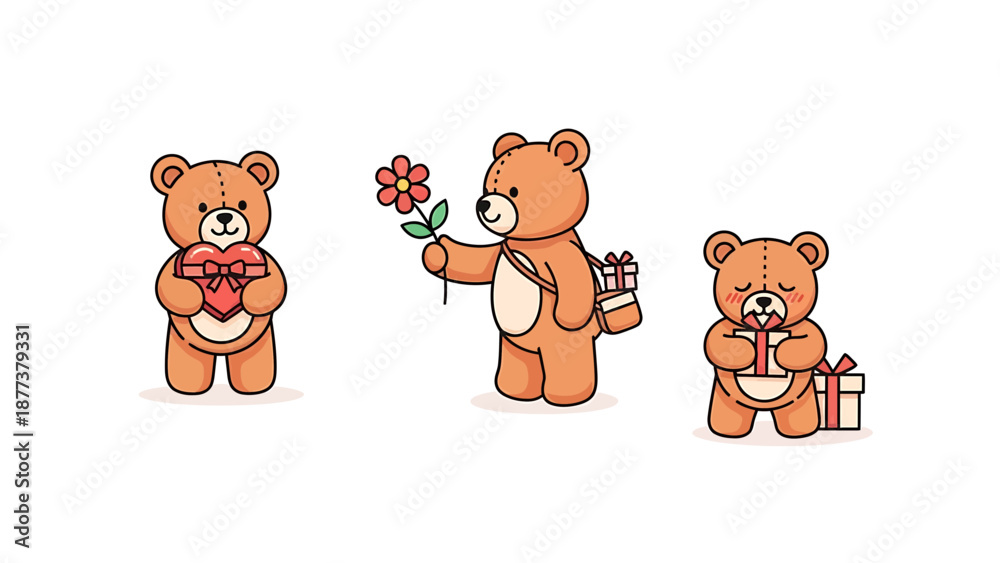 Obraz premium Three cartoon bears holding gifts and flowers in a sweet gesture