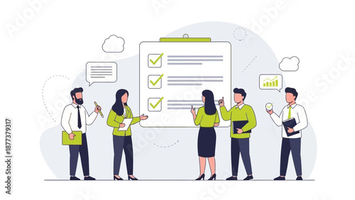 Teamwork project planning checklist with business people and progress graph