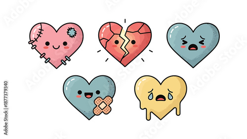Collection of Cartoon Hearts with Various Injuries and Emotions, Illustrations, White Background, Front View