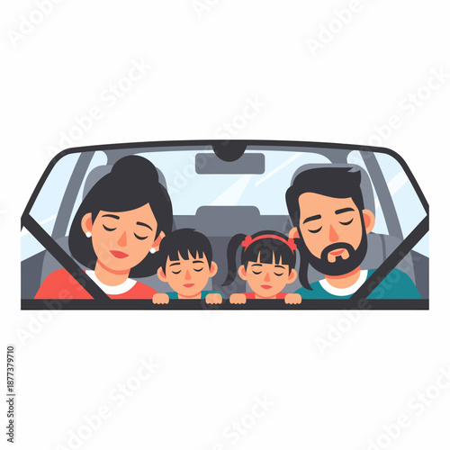 Family Sleeping Together in Car Interior.
