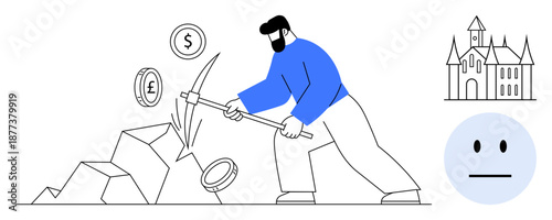 Cryptocurrency mining, finance, investment, wealth creation, digital economy, virtual transactions. Man uses pickaxe to mine coins as castle and neutral emotion are visible. Cryptocurrency