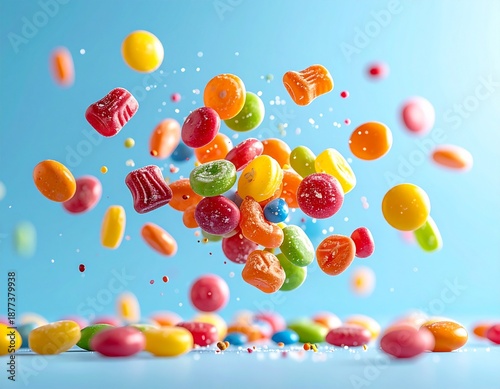 Assorted hard candies and swirl lollipops floating on a clean blue background