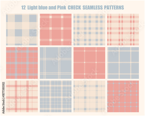 水色とピンクカラーのチェック柄シームレスパターンセット	
