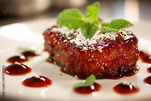 Close-up of Exquisitely Plated Braised Pork with Sauce, Culinary Dish for Food Beverage Background
