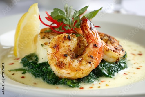 Plated Pan-Seared Shrimp and Scallops with Spinach Sauce, Exquisite Seafood Culinary Background
