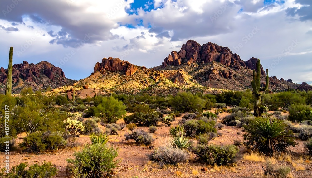 Fototapeta premium A desert landscape with mountains, cacti, and shrubs under a cloudy sky
