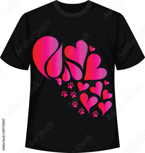 Black T-Shirt Featuring Abstract Red Heart and Paw Print Graphic, Heart and Paw Print T-Shirt Design, vector, illustration, shirt, t-shirt, tshirt.