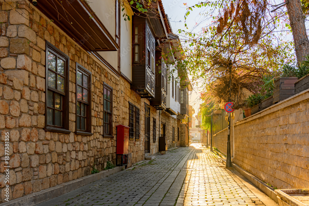 Fototapeta premium Old Ottoman houses in the narrow streets of Antalya Old Town Kaleici district