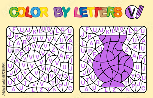 Color by letter V. Coloring Vase. Puzzle game for children education