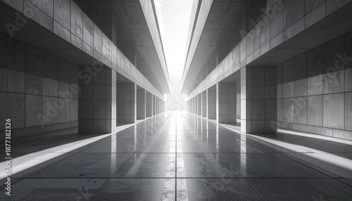 Long concrete hallway with bright light at the end, shadows and columns
