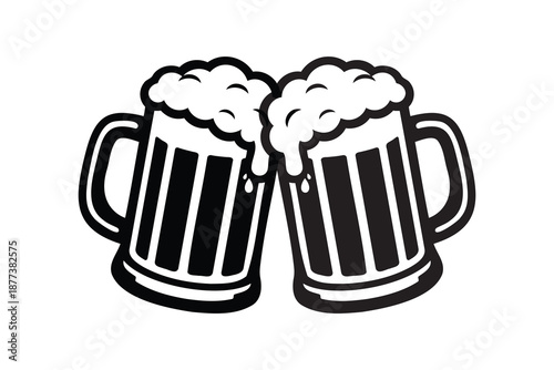 Beer mugs toasting vector silhouette. Clinking Glass Steins with Foam suitable for pub, bar, cheers, celebration, party and Oktoberfest Design